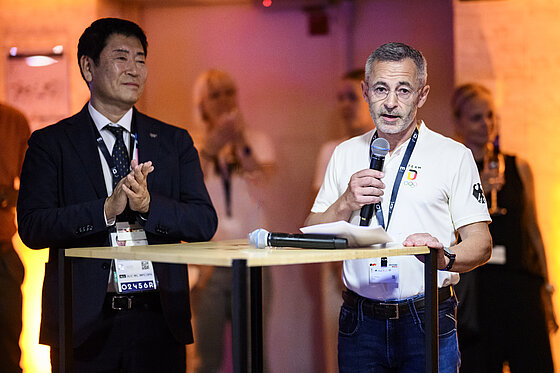 DTB-Präsident Dr. Alfons Hölzl und FIG-Präsident Morinari Watanabe beim DTB-Empfang im Deutschen Haus in Paris | Foto: DTB/Tom Weller